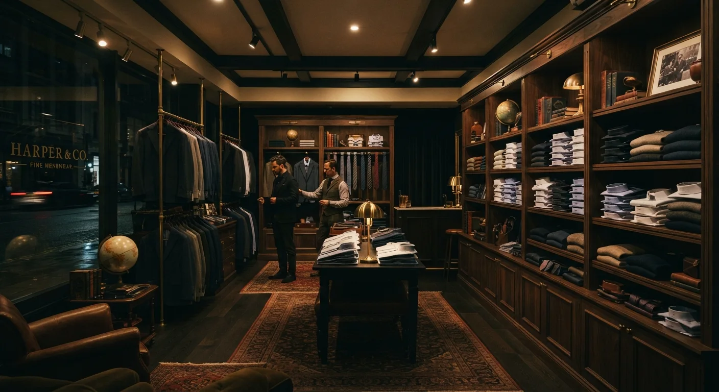 Interior de uma loja de moda masculina com atendimento personalizado