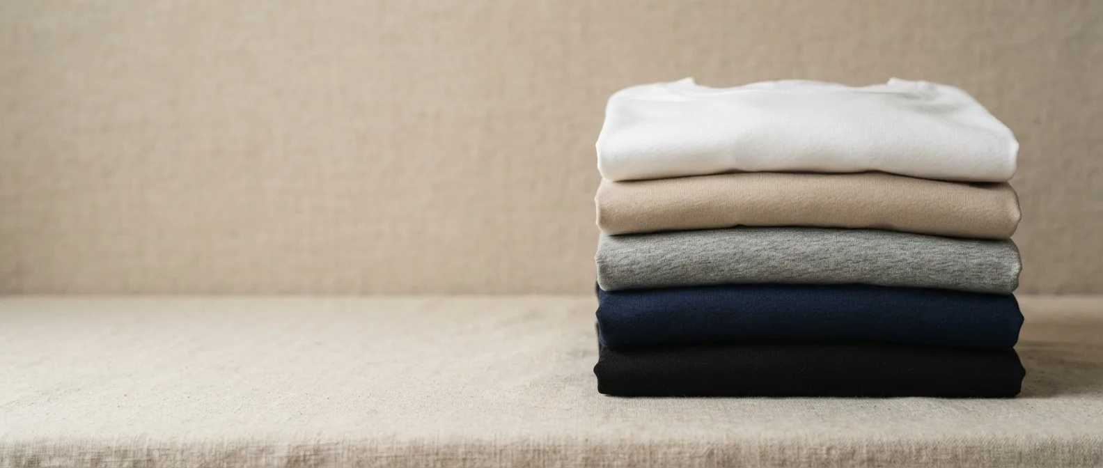 Camisetas dobradas em tons neutros sobre um tecido de linho