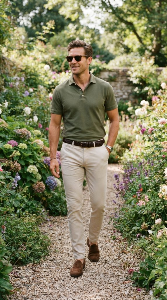 Homem vestindo polo azul-marinho Sorrento em jardim mediterrâneo
