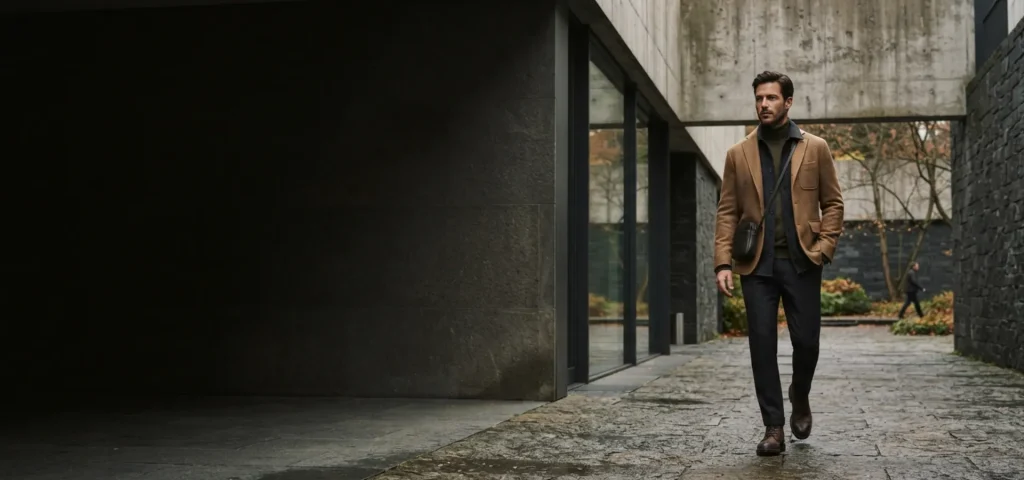 Homem com composição masculina em tons terrosos em arquitetura contemporânea